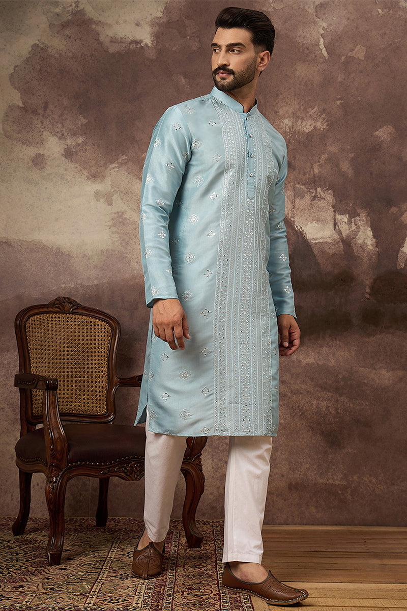 Mens Blue Silk Blend Solid Embroidered Straight Kurta