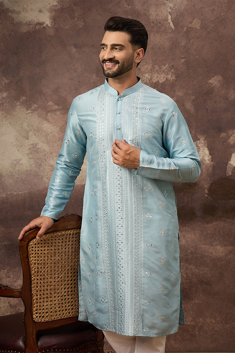 Mens Blue Silk Blend Solid Embroidered Straight Kurta