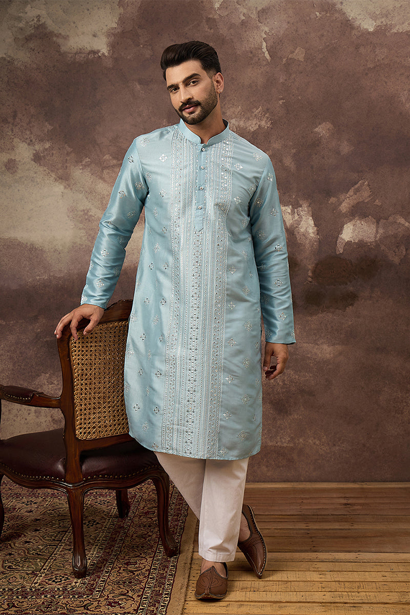 Mens Blue Silk Blend Solid Embroidered Straight Kurta