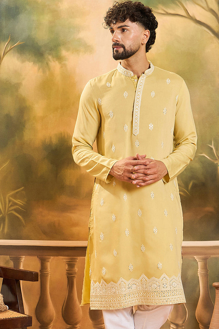 Mens Yellow Silk Solid Embroidered Straight Kurta