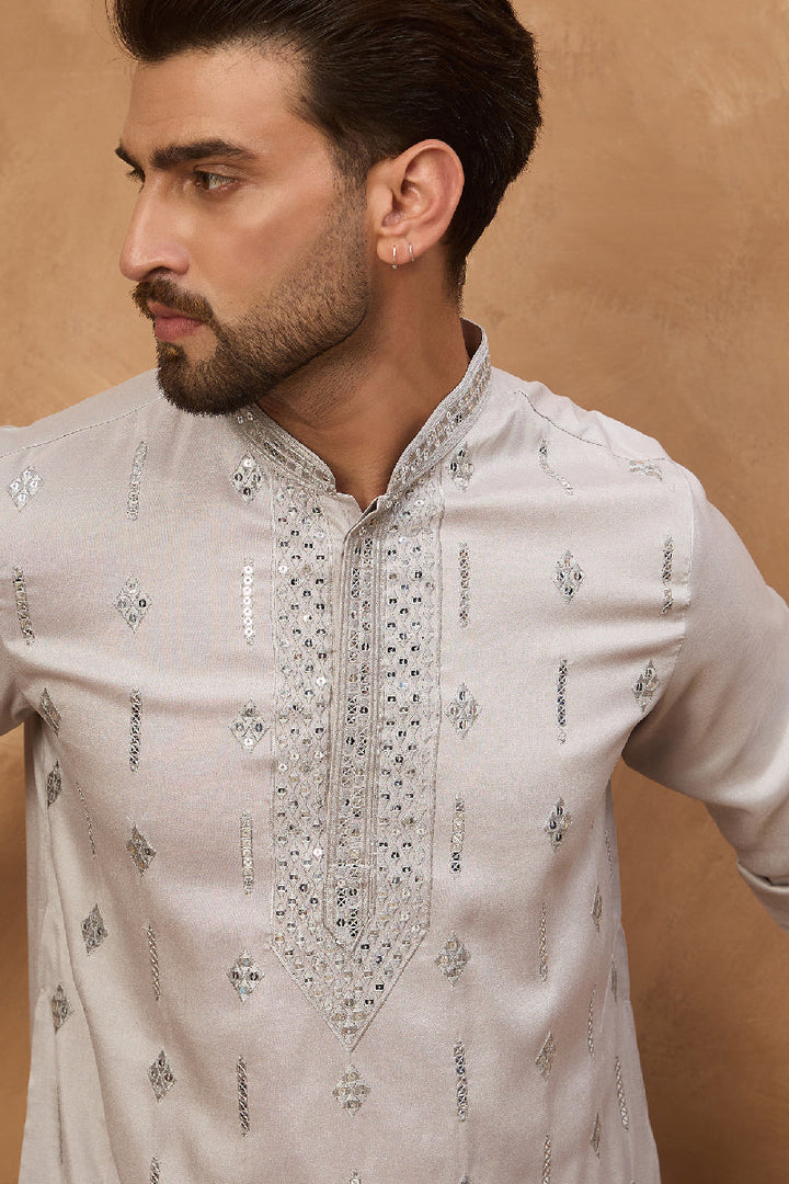 Mens Grey Silk Blend Solid Embroidered Straight Kurta