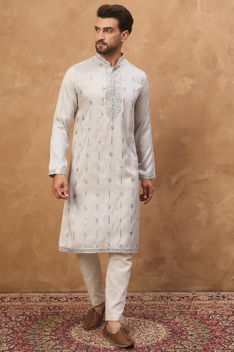 Mens Grey Silk Blend Solid Embroidered Straight Kurta
