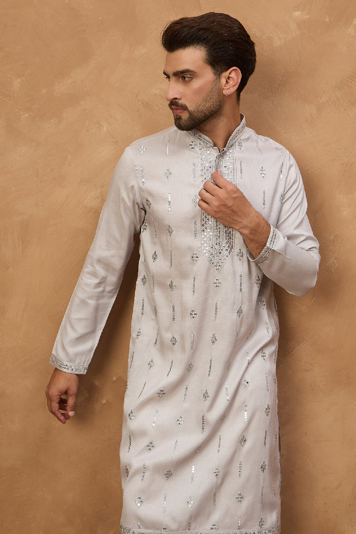 Mens Grey Silk Blend Solid Embroidered Straight Kurta