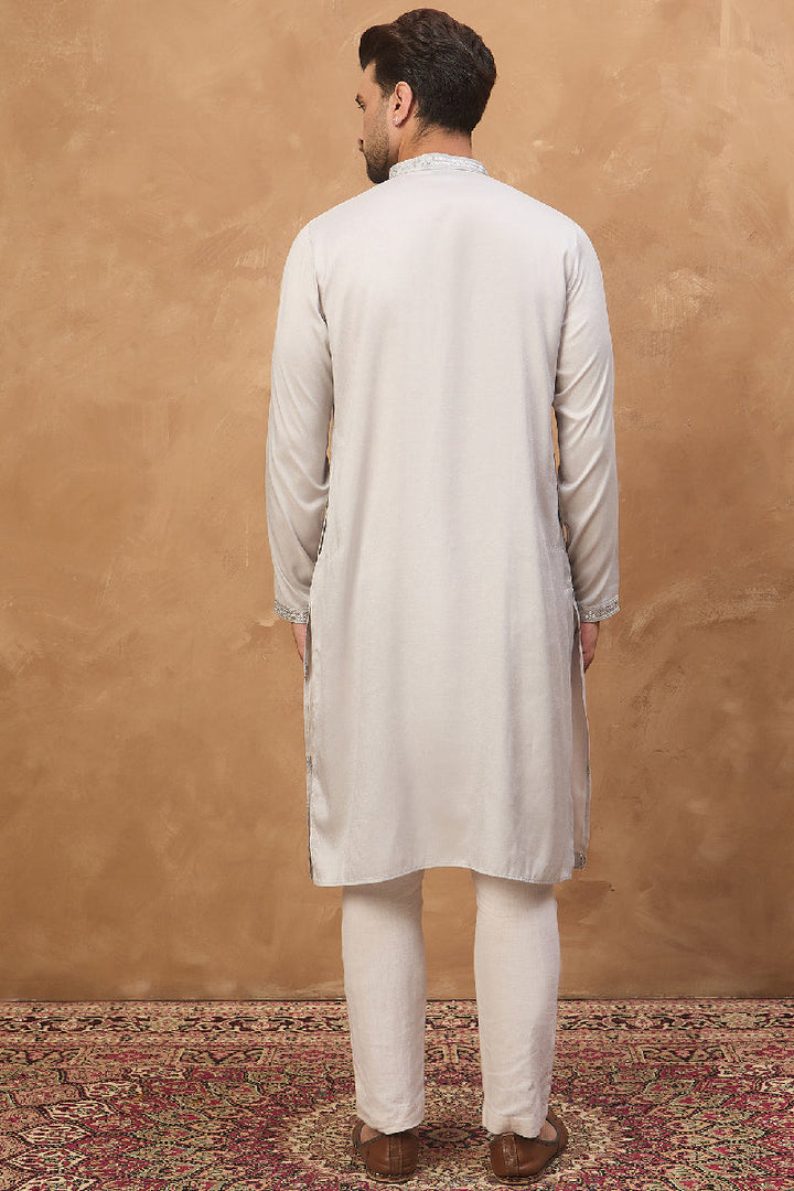 Mens Grey Silk Blend Solid Embroidered Straight Kurta