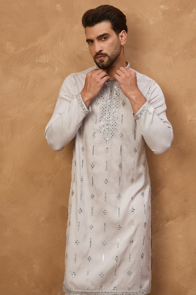 Mens Grey Silk Blend Solid Embroidered Straight Kurta