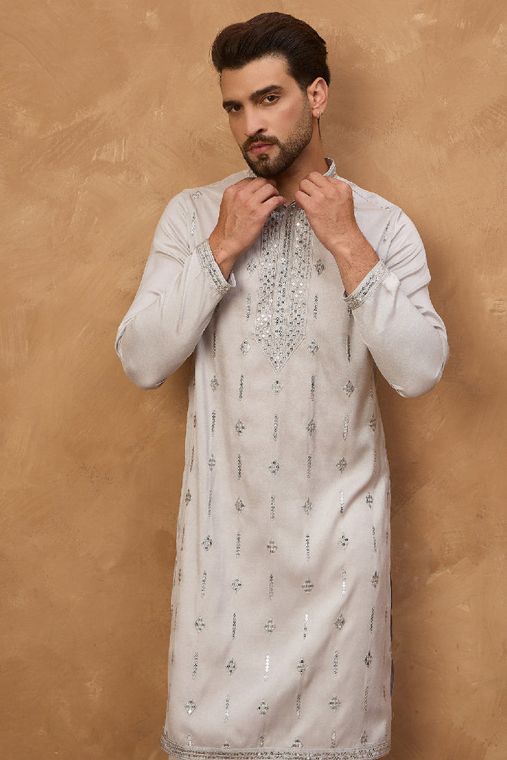 Mens Grey Silk Blend Solid Embroidered Straight Kurta