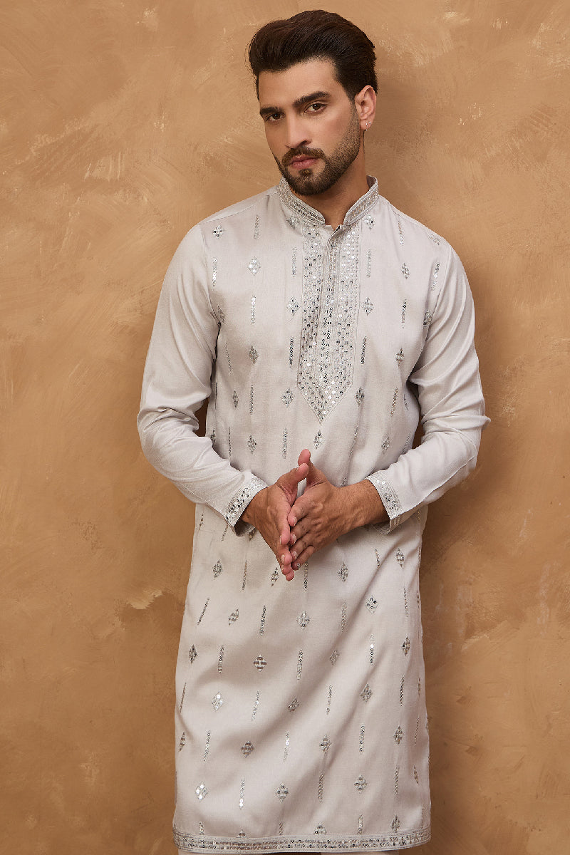 Mens Grey Silk Blend Solid Embroidered Straight Kurta