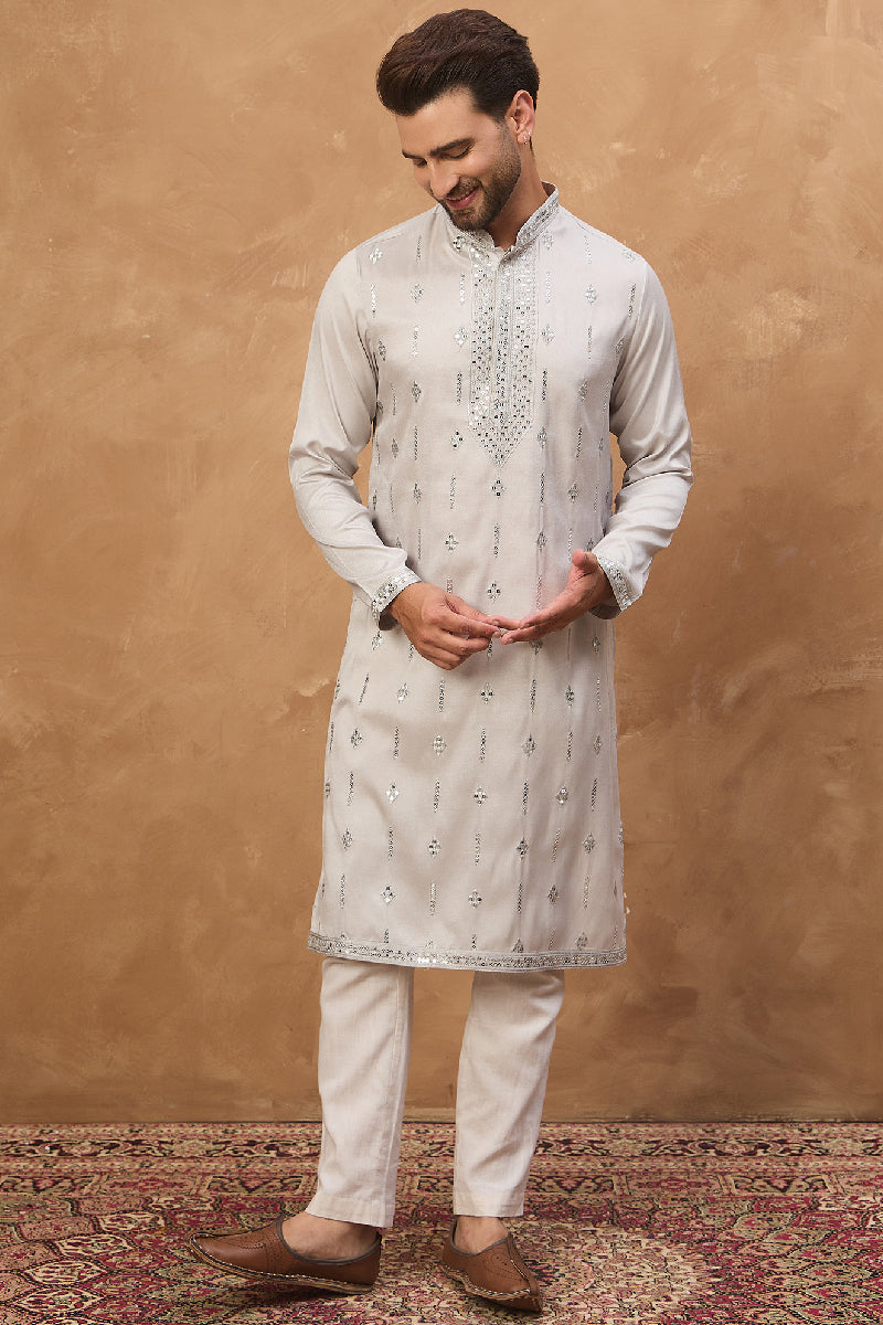 Mens Grey Silk Blend Solid Embroidered Straight Kurta