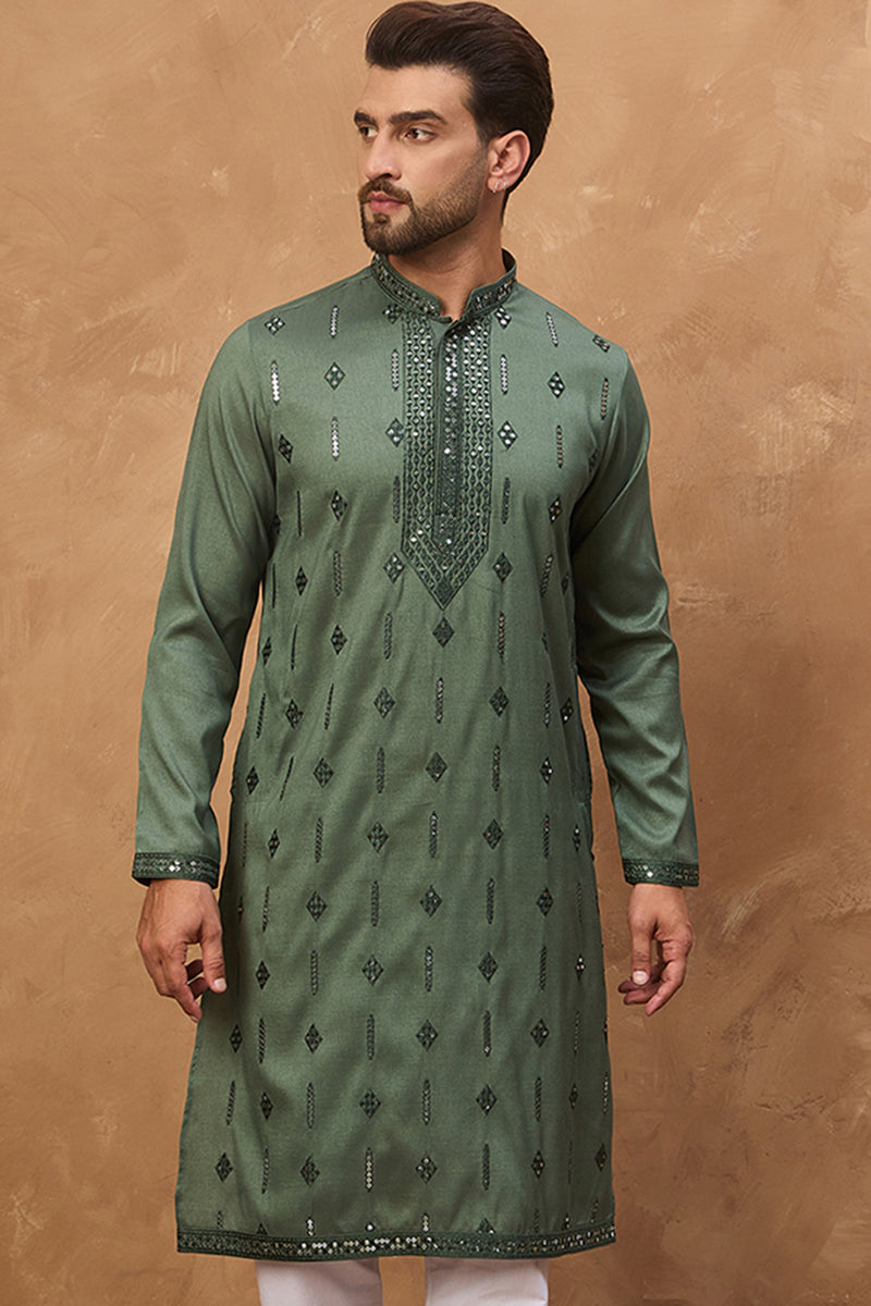 Mens Green Silk Blend Solid Embroidered Straight Kurta