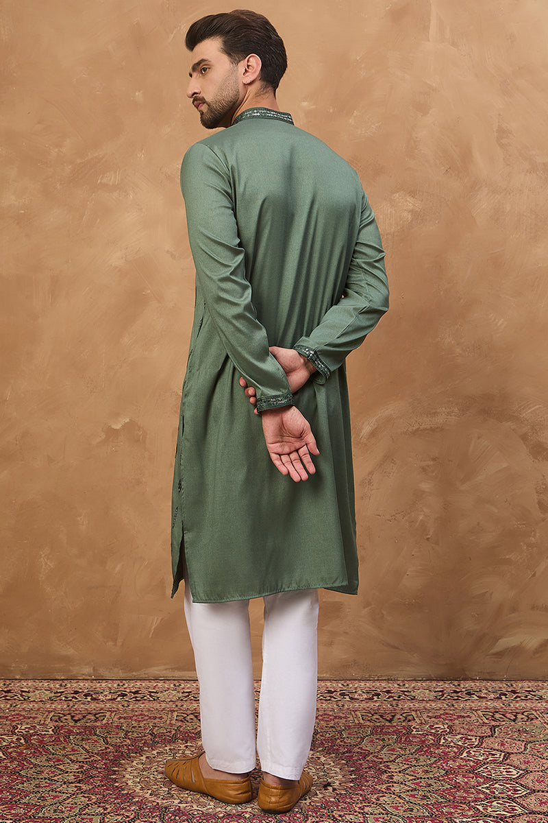 Mens Green Silk Blend Solid Embroidered Straight Kurta