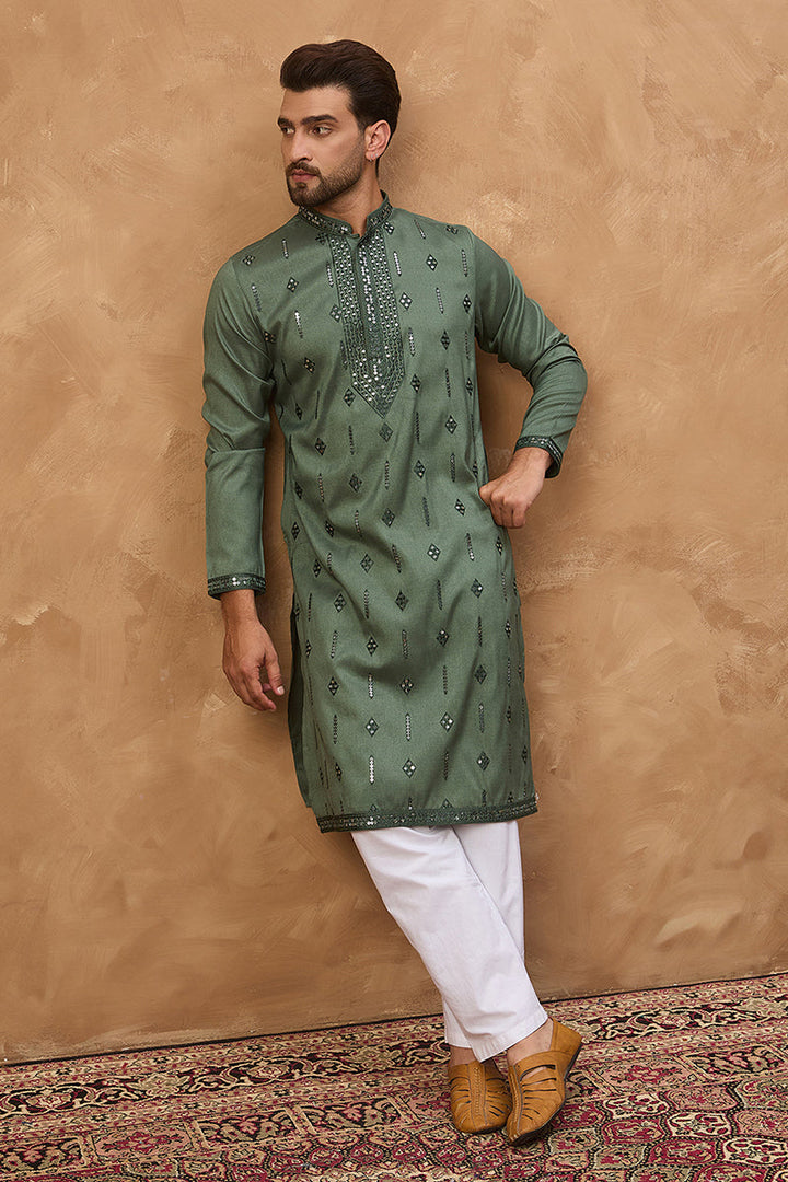 Mens Green Silk Blend Solid Embroidered Straight Kurta