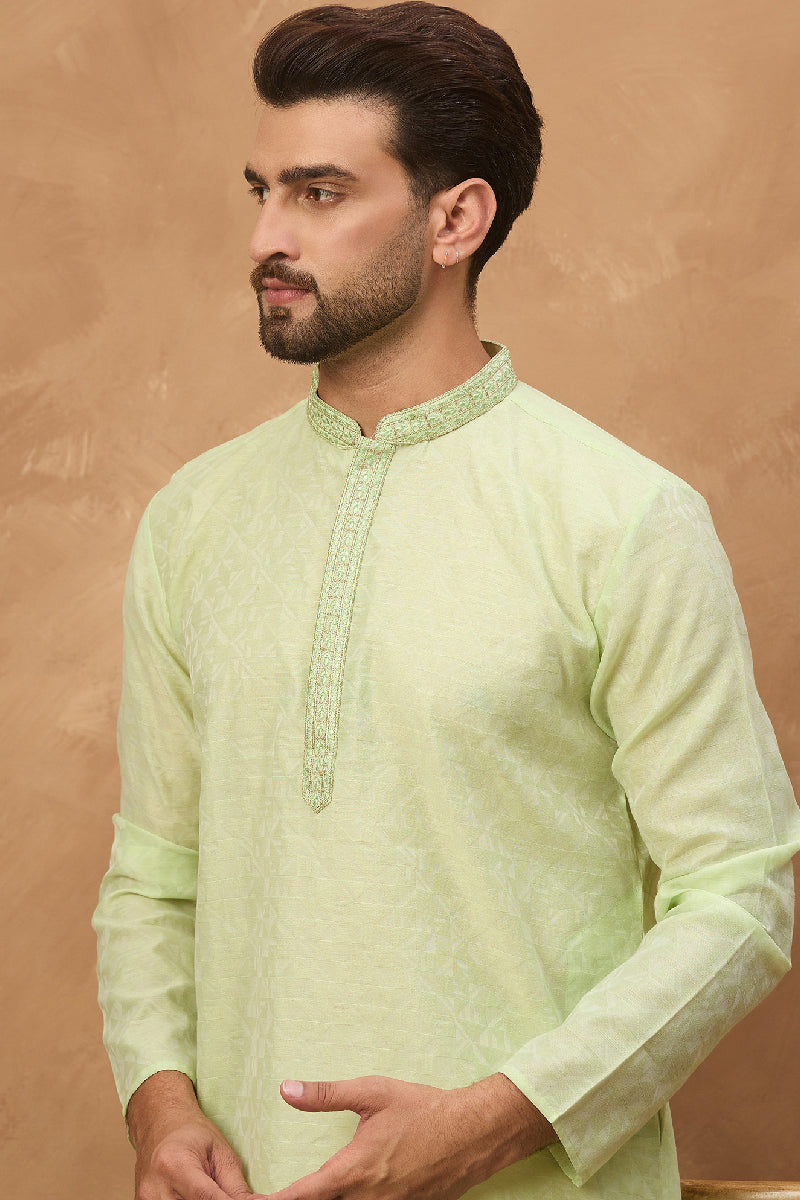 Mens Green Silk Blend Solid Embroidered Straight Kurta With Pant Set