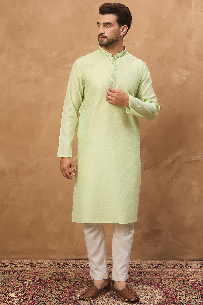 Mens Green Silk Blend Solid Embroidered Straight Kurta With Pant Set