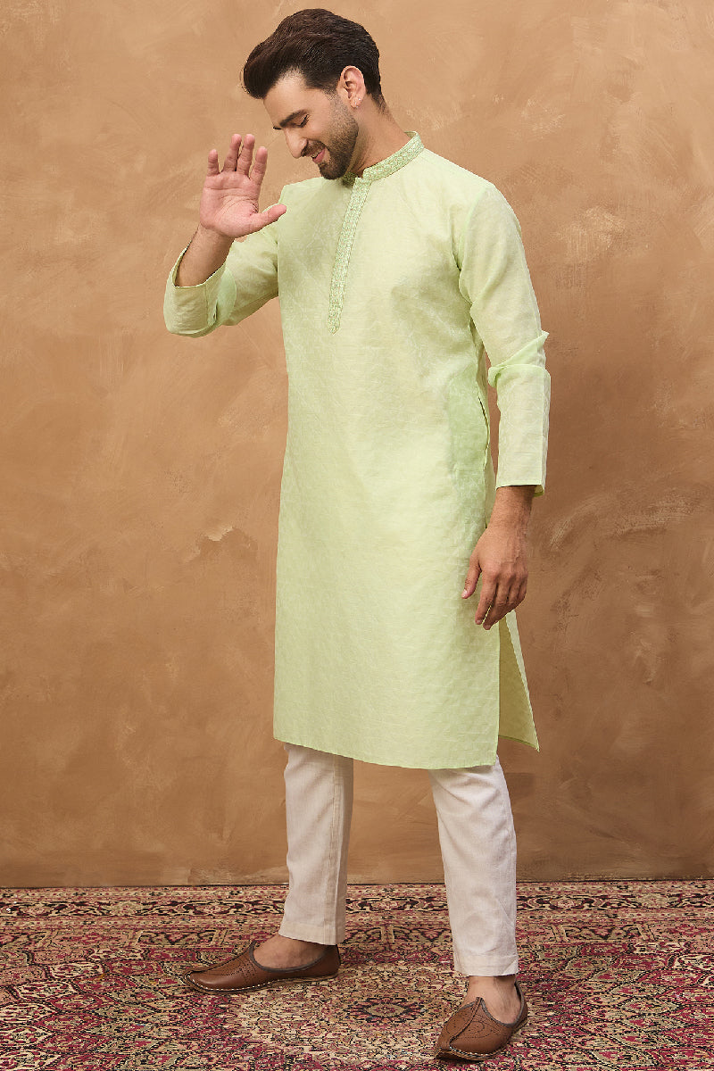 Mens Green Silk Blend Solid Embroidered Straight Kurta With Pant Set