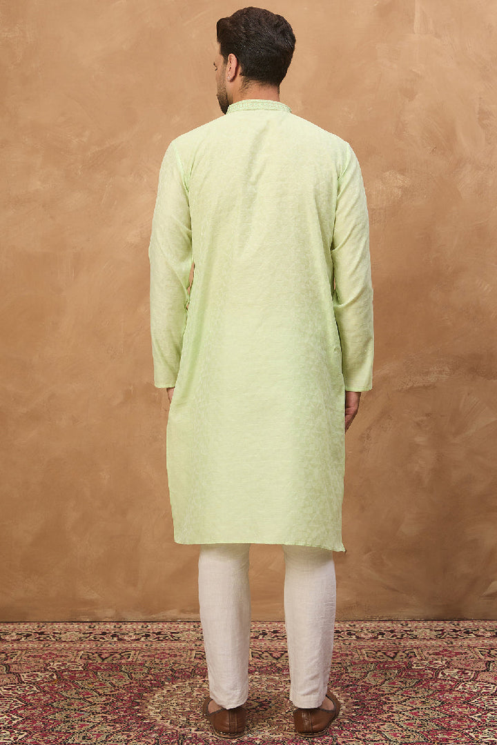 Mens Green Silk Blend Solid Embroidered Straight Kurta With Pant Set