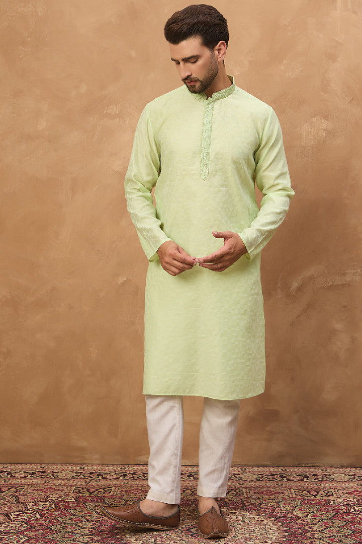 Mens Green Silk Blend Solid Embroidered Straight Kurta With Pant Set