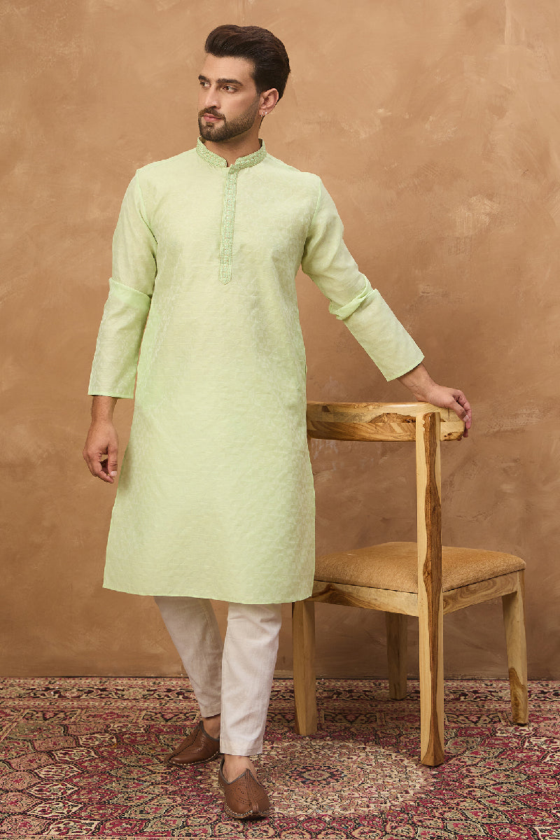 Mens Green Silk Blend Solid Embroidered Straight Kurta With Pant Set