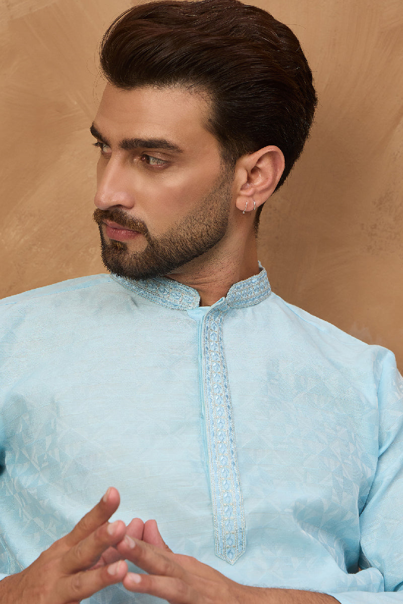 Mens Blue Silk Blend Solid Embroidered Straight Kurta With Pant Set