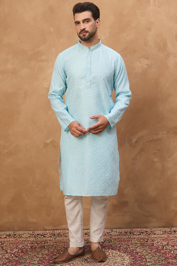 Mens Blue Silk Blend Solid Embroidered Straight Kurta With Pant Set
