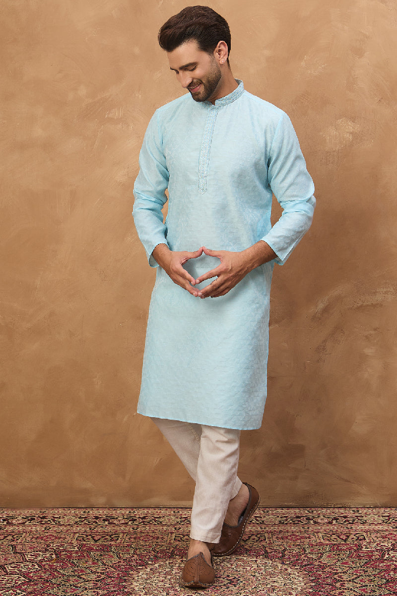 Mens Blue Silk Blend Solid Embroidered Straight Kurta With Pant Set