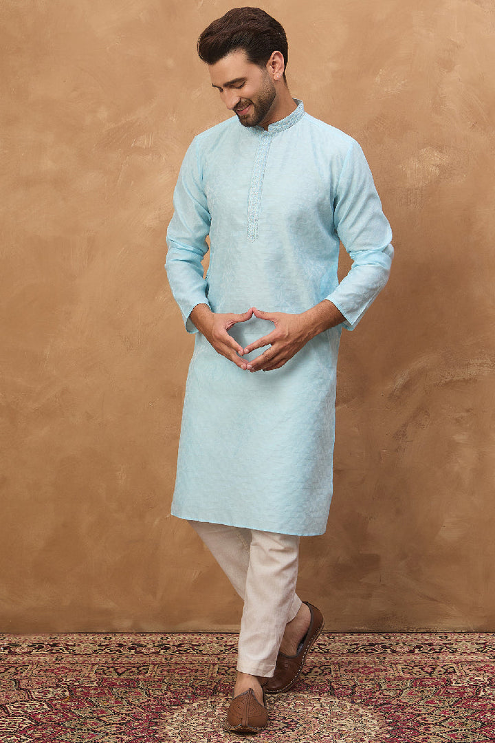 Mens Blue Silk Blend Solid Embroidered Straight Kurta With Pant Set