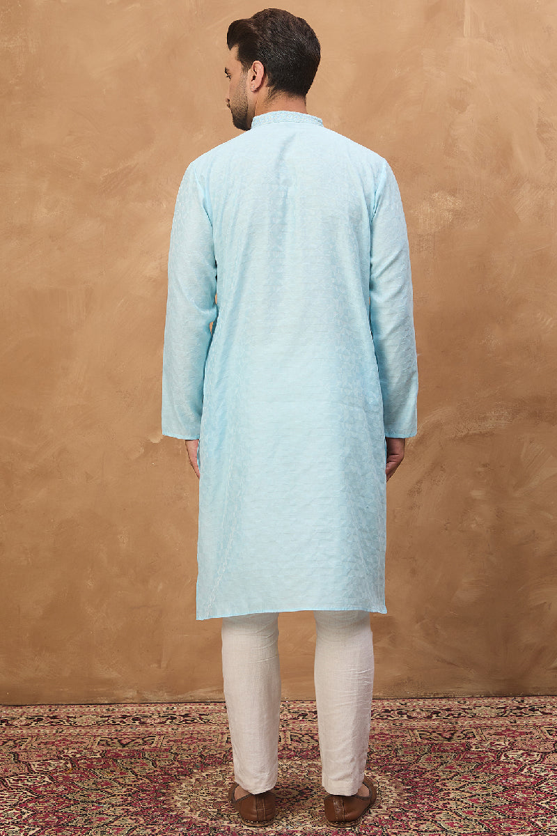 Mens Blue Silk Blend Solid Embroidered Straight Kurta With Pant Set