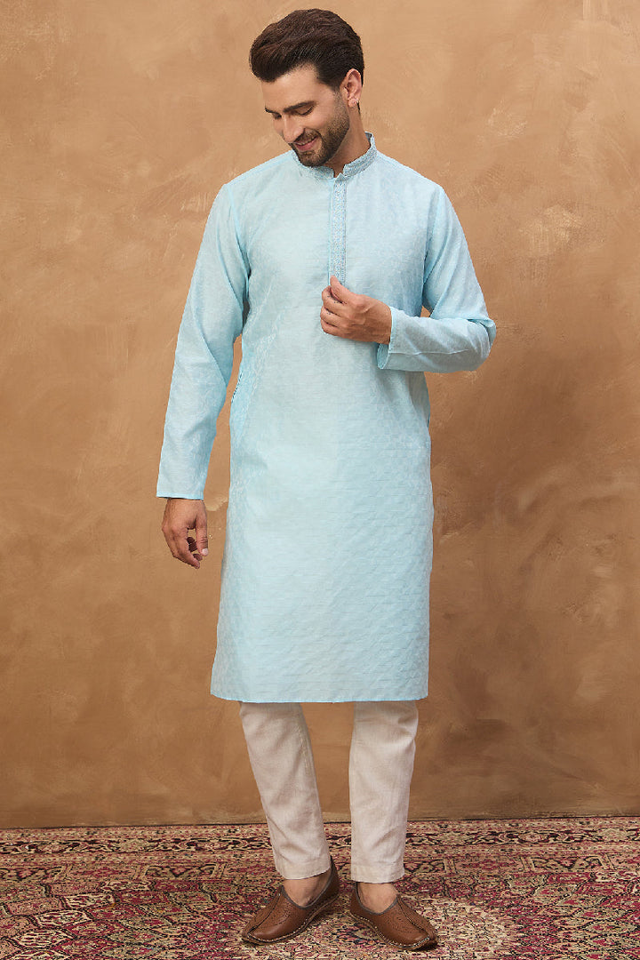 Mens Blue Silk Blend Solid Embroidered Straight Kurta With Pant Set