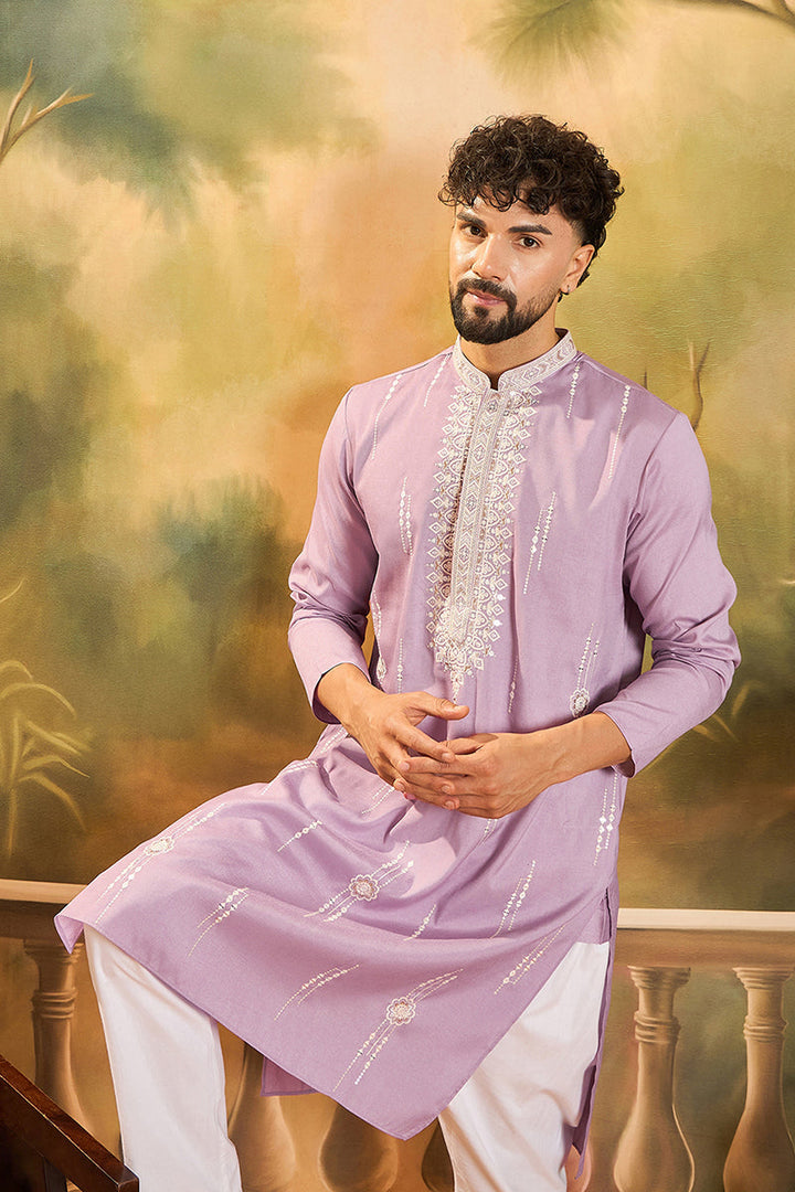 Mens Lavender Silk Blend Solid Embroidered Straight Kurta