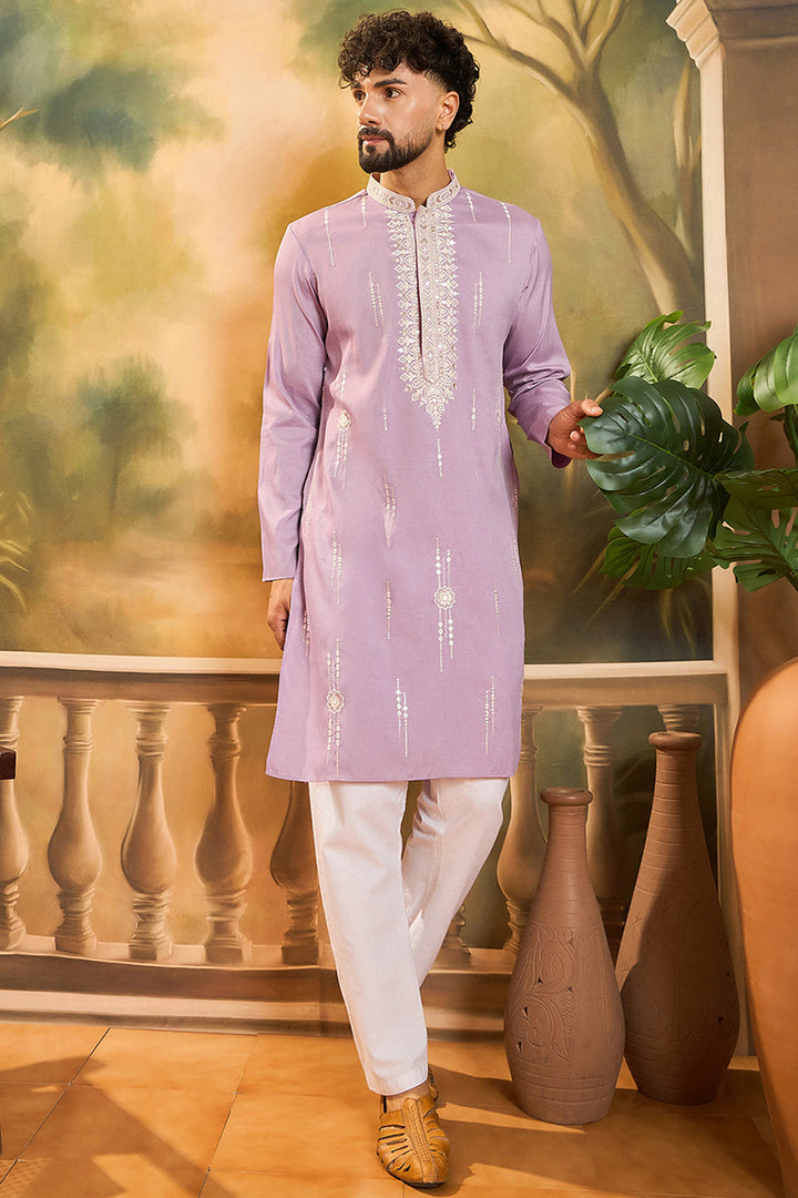 Mens Lavender Silk Blend Solid Embroidered Straight Kurta