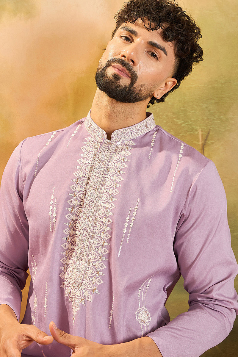 Mens Lavender Silk Blend Solid Embroidered Straight Kurta