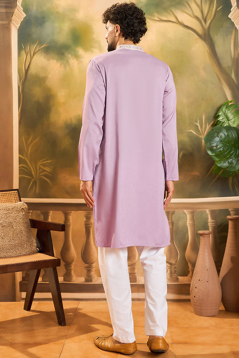 Mens Lavender Silk Blend Solid Embroidered Straight Kurta