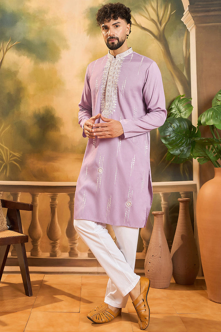 Mens Lavender Silk Blend Solid Embroidered Straight Kurta