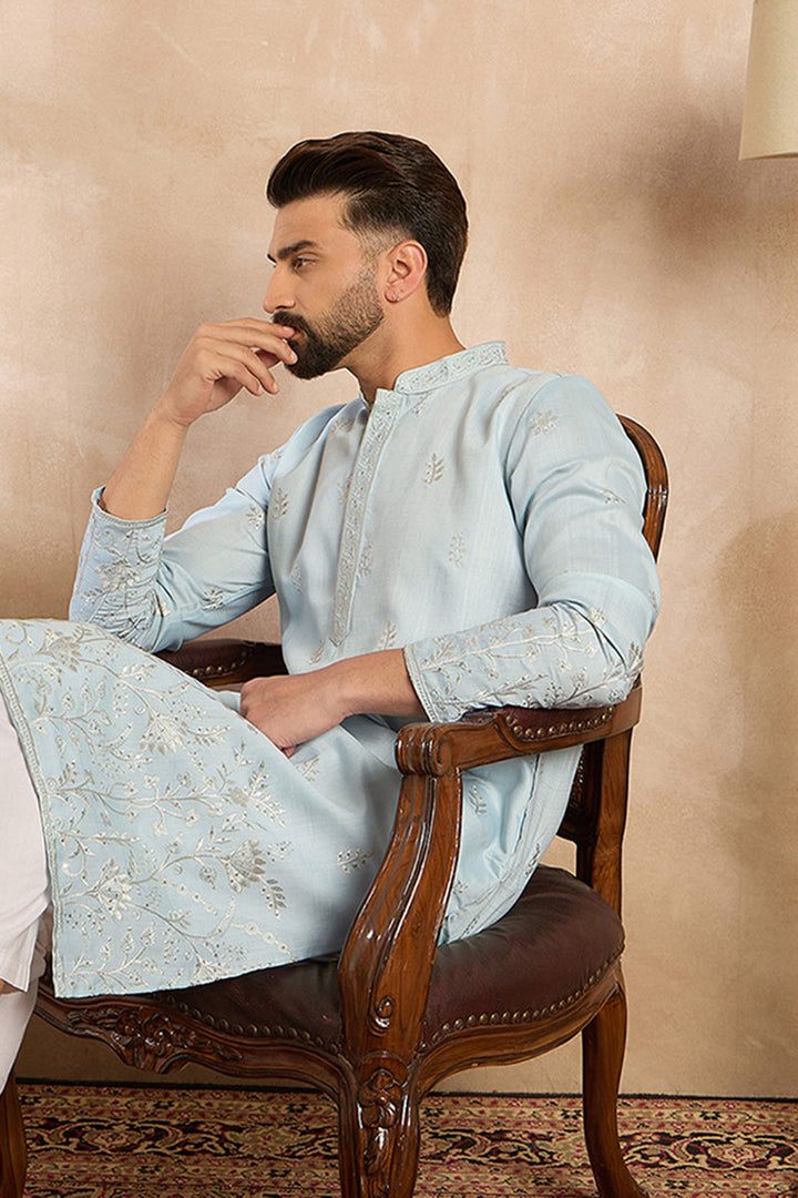 Mens Blue Silk Blend Solid Embroidered Straight Kurta