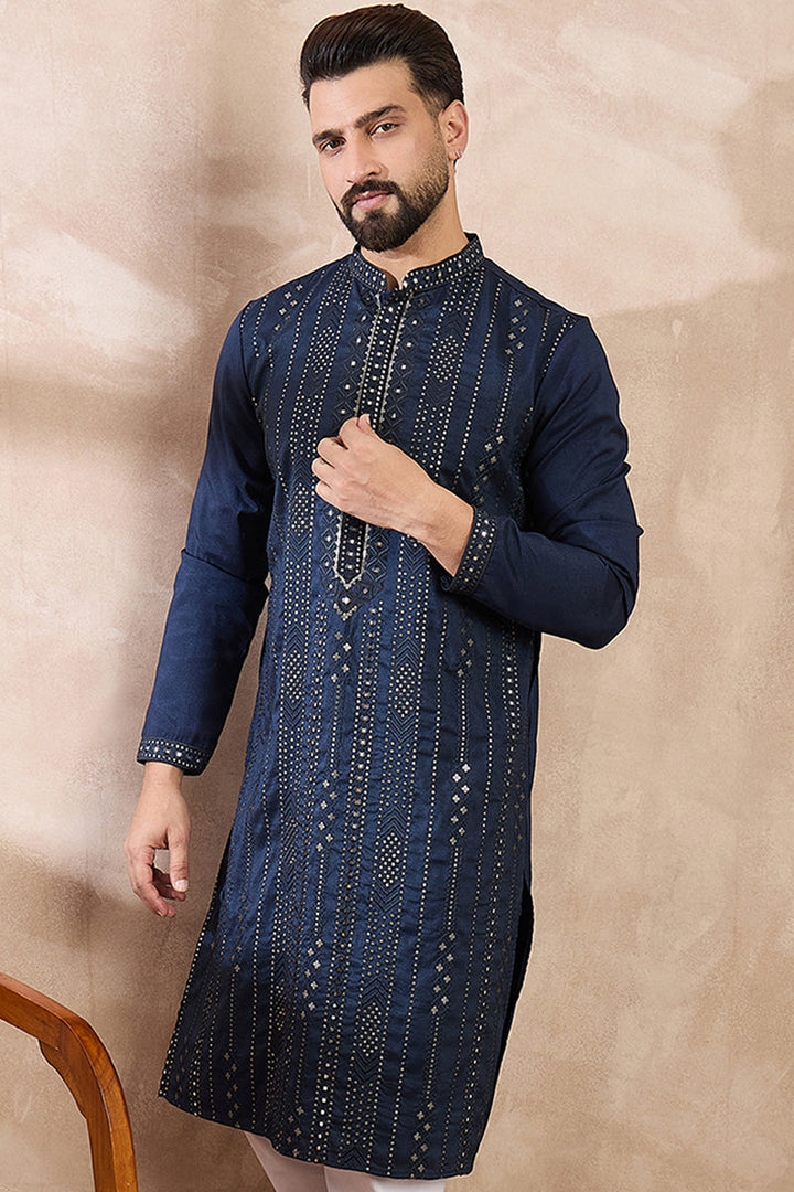 Mens Blue Silk Blend Geometric Embroidered Straight Kurta