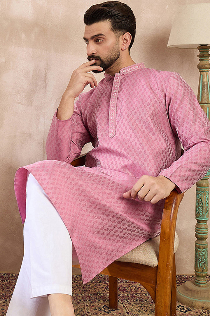 Mens Pink Silk Blend Solid Woven Design Straight Kurta