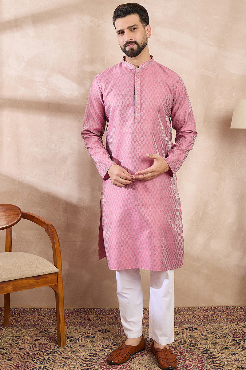 Mens Pink Silk Blend Solid Woven Design Straight Kurta