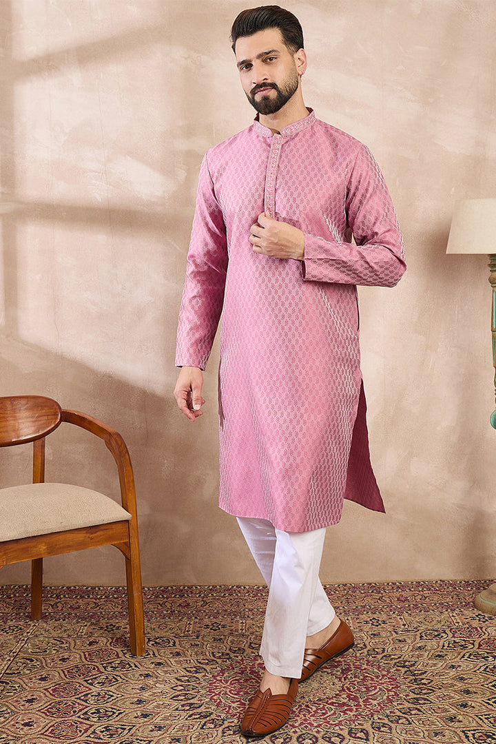 Mens Pink Silk Blend Solid Woven Design Straight Kurta