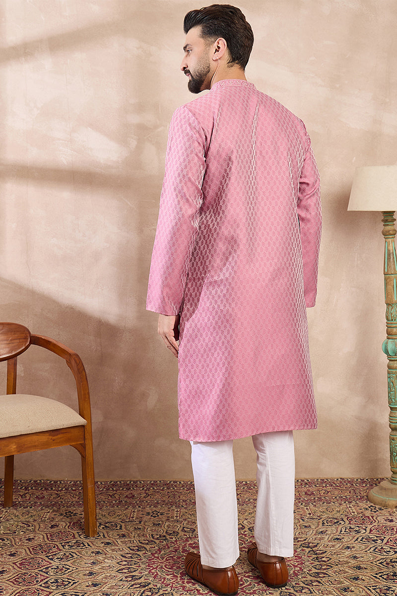 Mens Pink Silk Blend Solid Woven Design Straight Kurta