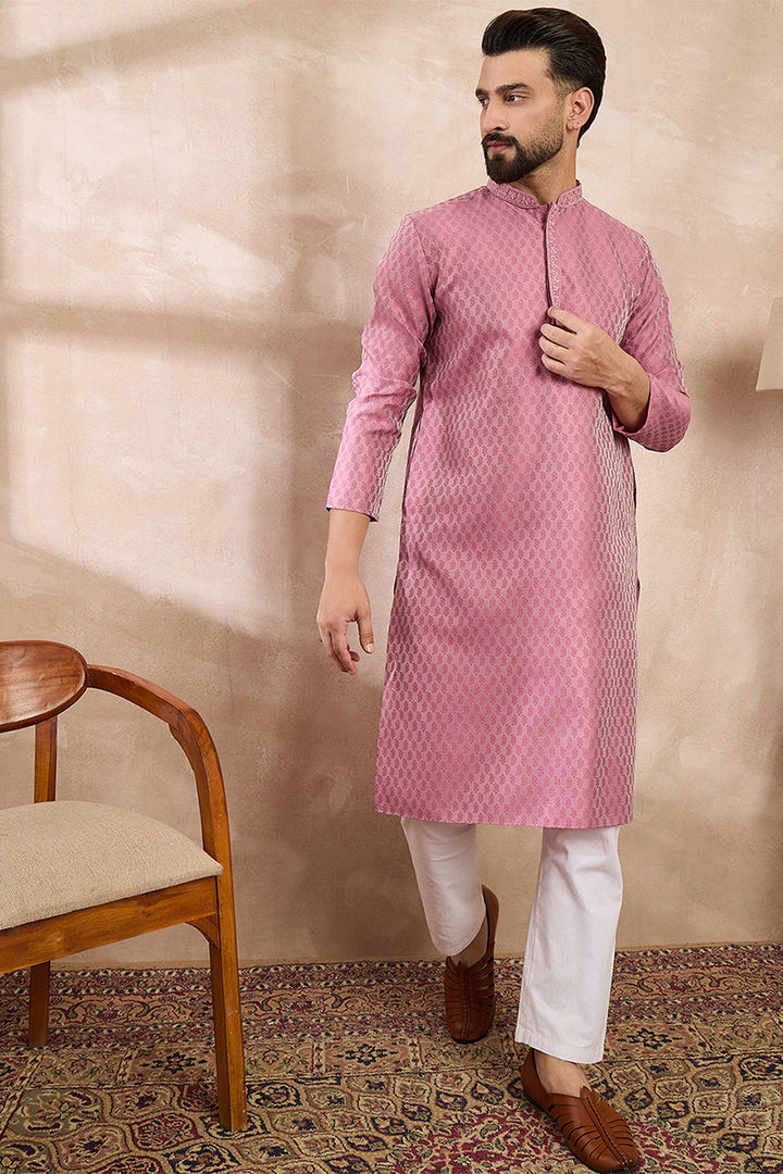Mens Pink Silk Blend Solid Woven Design Straight Kurta
