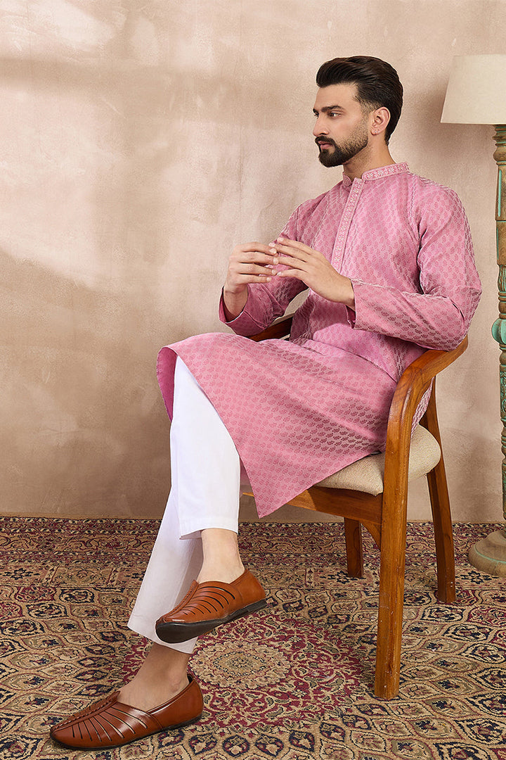 Mens Pink Silk Blend Solid Woven Design Straight Kurta