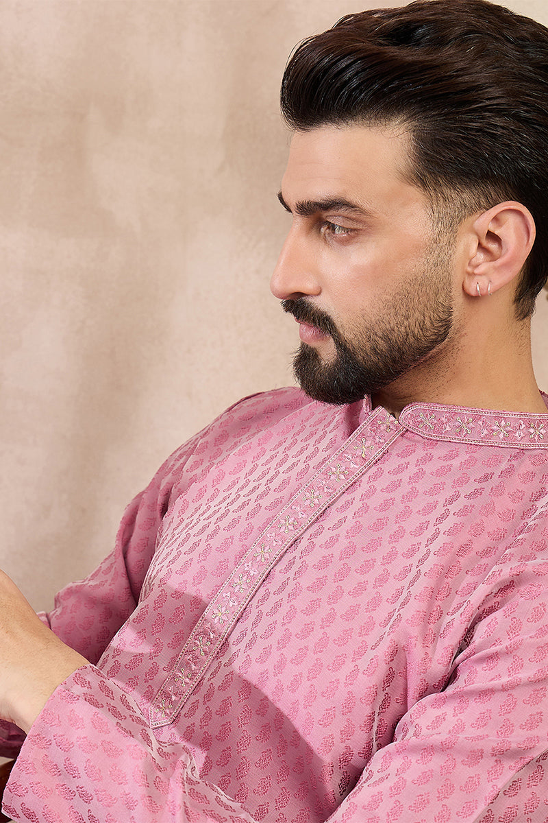 Mens Pink Silk Blend Solid Woven Design Straight Kurta