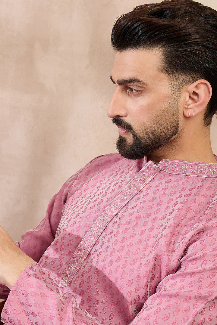 Mens Pink Silk Blend Solid Woven Design Straight Kurta