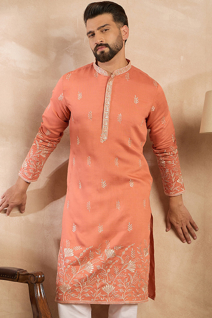 Mens Peach Vartican Solid Embroidered Straight Kurta