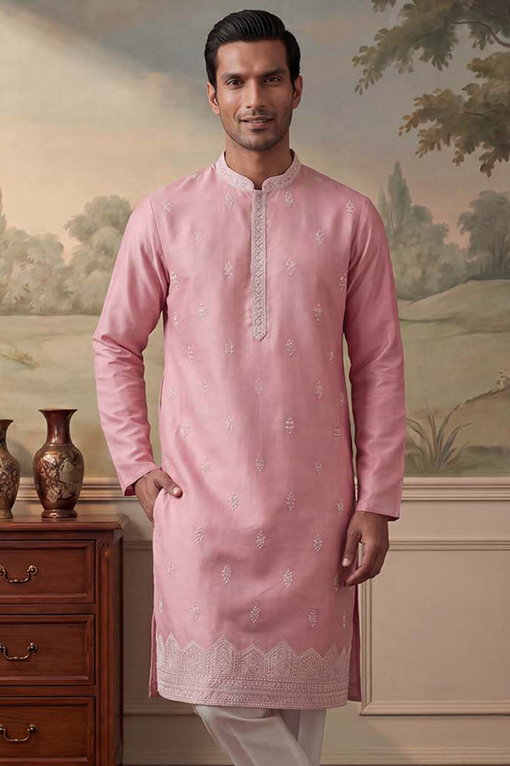 Mens Silk Blend Pink Solid Embroidered Calf Length Straight Kurta