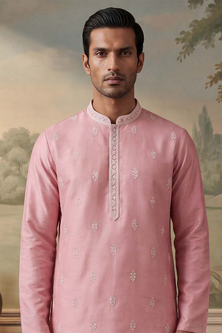Mens Silk Blend Pink Solid Embroidered Calf Length Straight Kurta