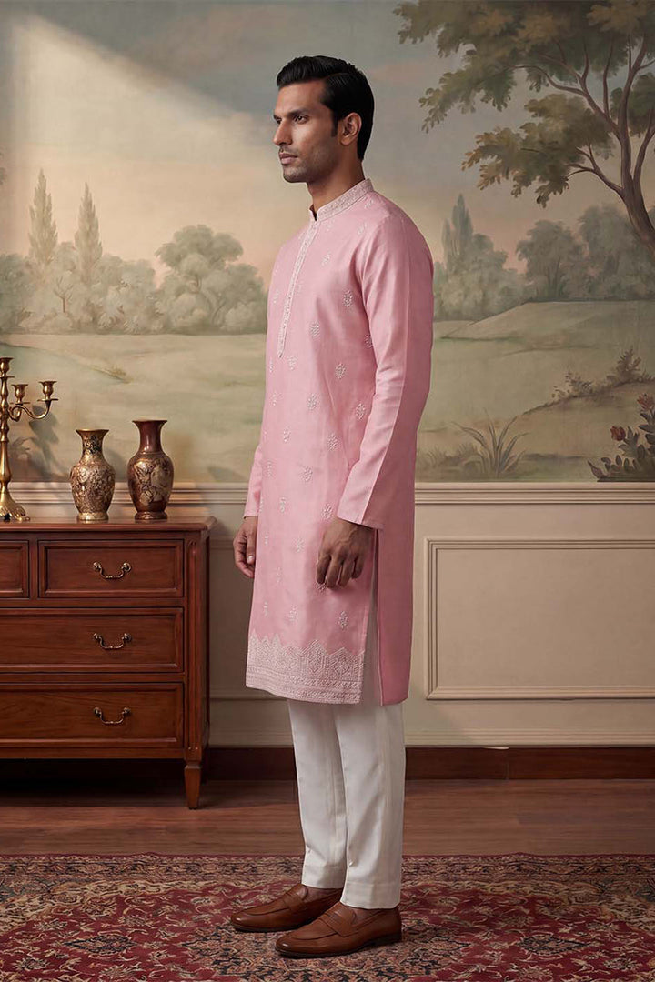 Mens Silk Blend Pink Solid Embroidered Calf Length Straight Kurta