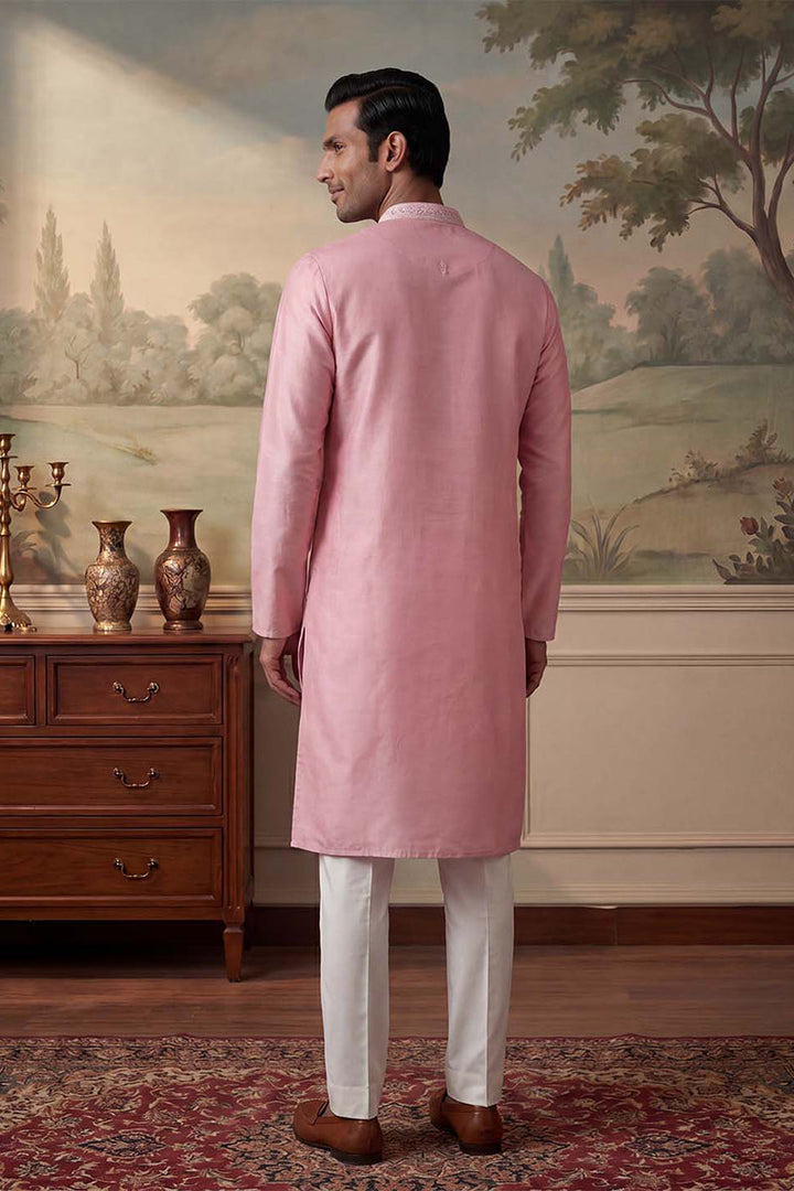 Mens Silk Blend Pink Solid Embroidered Calf Length Straight Kurta