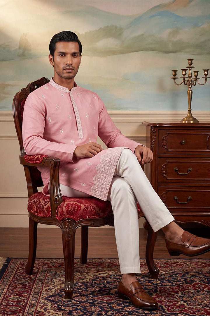 Mens Silk Blend Pink Solid Embroidered Calf Length Straight Kurta