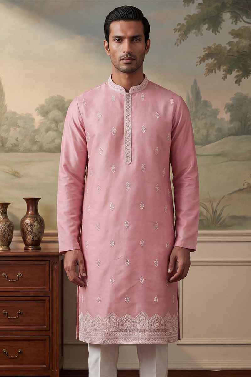 Mens Silk Blend Pink Solid Embroidered Calf Length Straight Kurta