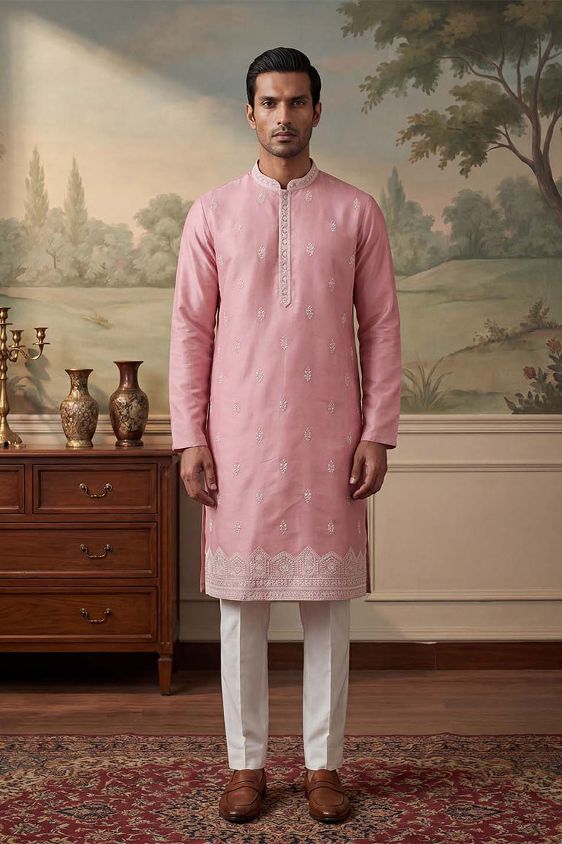 Mens Silk Blend Pink Solid Embroidered Calf Length Straight Kurta